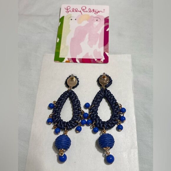Lily Pulitzer Blue Raffia Chandelier Earrings New - Picture 2 of 7